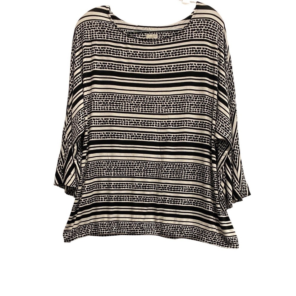 Chicos Black White Striped Geometric Knit Top 3/4 Sleeve Dolman Boat Neck Size 3